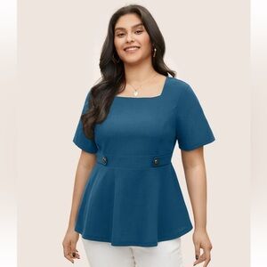 BloomChic Plus Size Square Neck Waist Tab Gathered Blouse